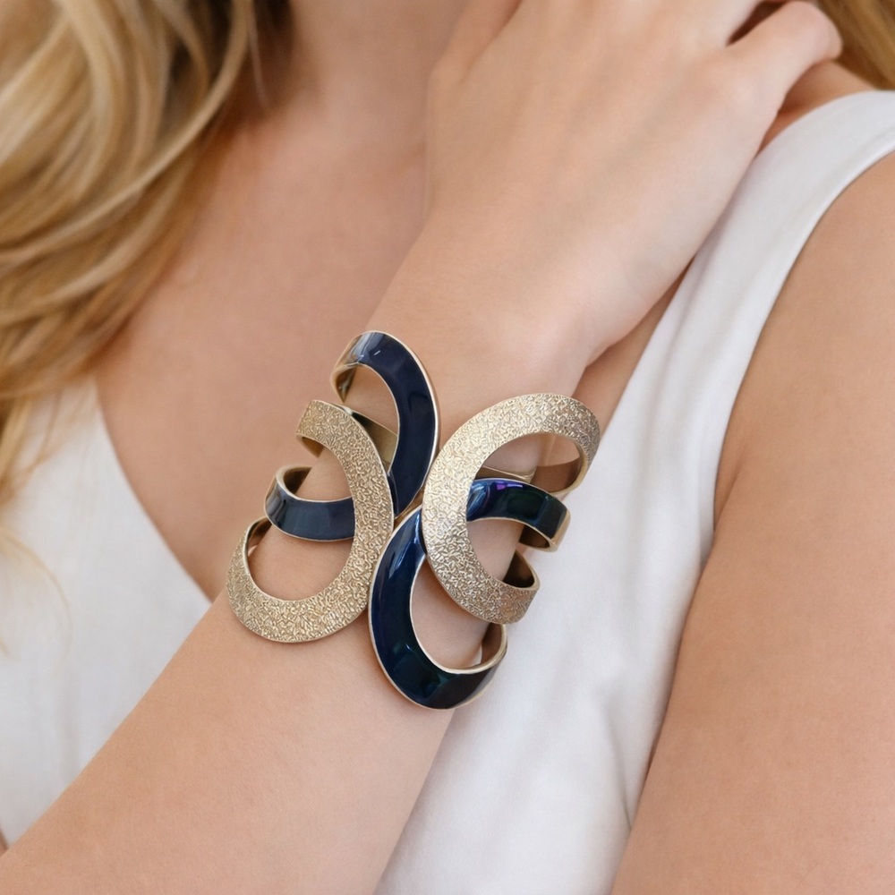 Gold and Black Ribbon Bangle Bracelet